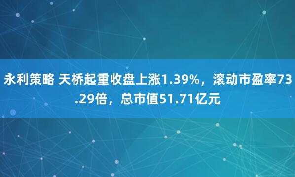 永利策略 天桥起重收盘上涨1.39%，滚动市盈率73.29倍，总市值51.71亿元